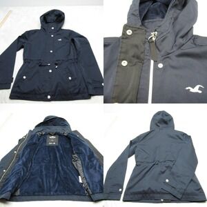 Hollister Jacket Womens Small Navy Hooded Faux Fur Lined Drawstring Waist Parka